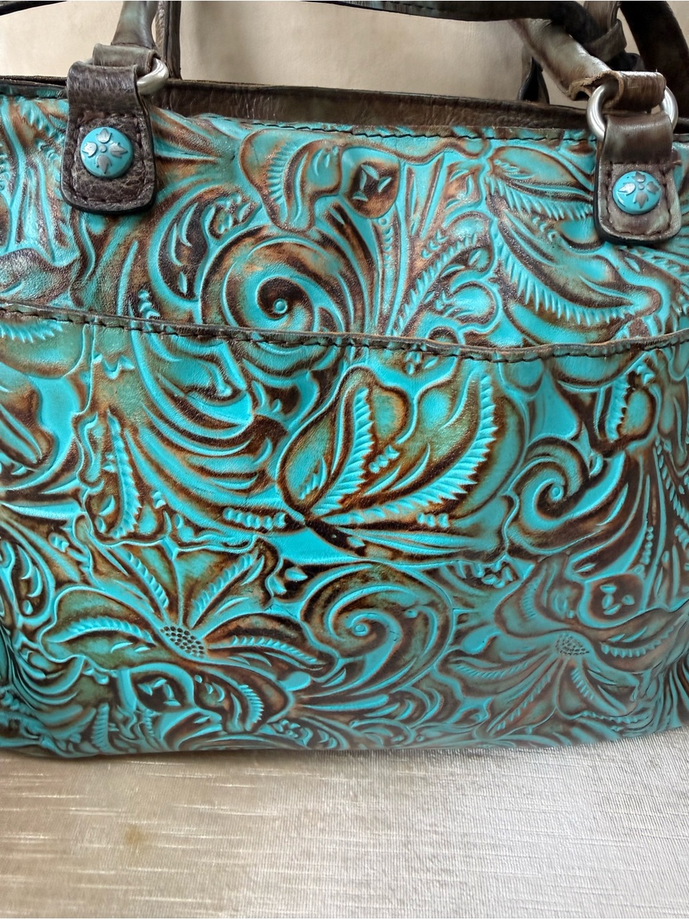 Patricia Nash Large Tooled Leather Turquoise Floral Tote Bag. - Picture 5 of 13